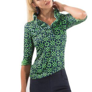 Gretchen Scott Ruffle Neck Bombay Top - Navy/Kelly